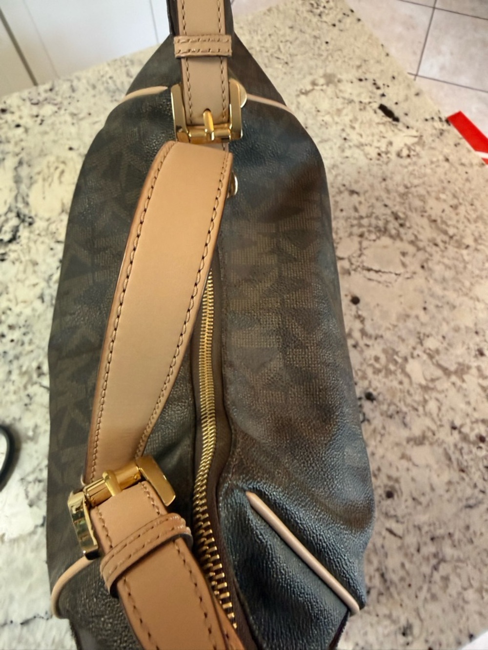 Michael Kors Brown Signature Logo Shoulder Bag with Tan Trim - Picture 4 of 8